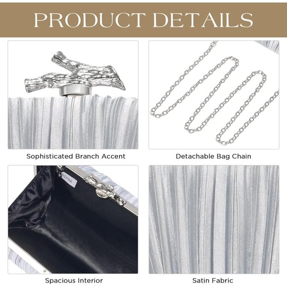 Women's Evening Formal Leather Shoulder Clutch Chain Strap Silver Satin Bag - Picture 3 of 6